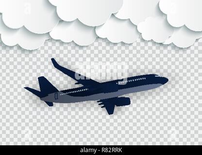 Abstract Clouds with flying realistic 3D airplane on a transparent background. Vector Illustration Stock Vector