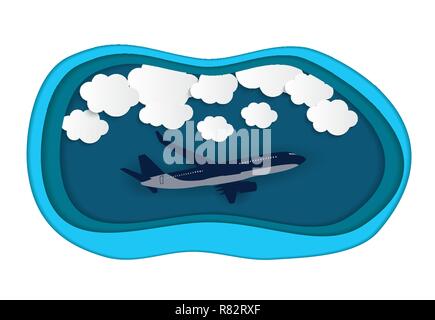 Abstract Clouds with flying realistic 3D airplane Vector Illustration Stock Vector