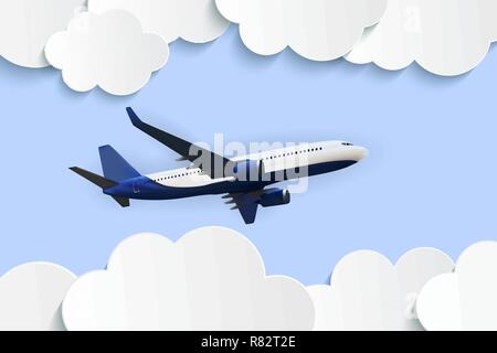 Abstract Clouds with flying realistic 3D airplane Vector Illustration Stock Vector