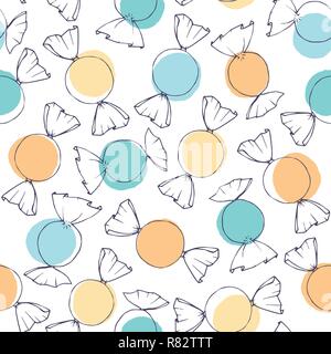 Hand drawn vector candy outline with blue and yellow circles seamless pattern on the white background. Easter holiday decoration in pastel colors for  Stock Vector