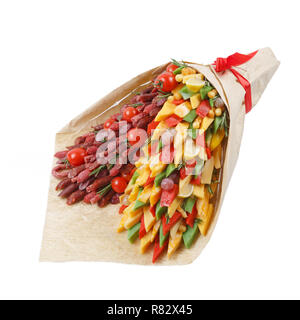 Original edible gift in the form of a bouquet consisting of sausages of different varieties, cheese of different varieties and tomatoes on a white bac Stock Photo
