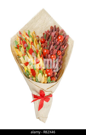 Original edible gift in the form of a bouquet consisting of sausages of different varieties, cheese of different varieties and tomatoes on a white bac Stock Photo