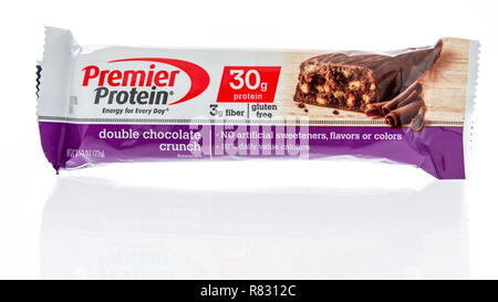 Winneconne, WI - 8 December 2018: A package of Premier protein bar in double chocolate crunch flavor on an isolated background. Stock Photo