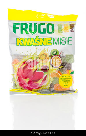 Winneconne, WI - 10 December 2018: A package of Frugo sour gummy bears on an isolated background. Stock Photo