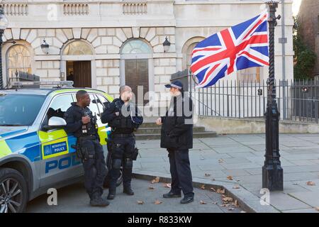 London, UK. Wednesday 12 December 2018 - pro & anti Brexit demonstrators gather to voice their views, after Teressa May delays parliamentary vote on deal, Armed police stand guard at the scene.outside  Parliament Buildings in London - UK Credit: Iwala/Alamy Live News Stock Photo