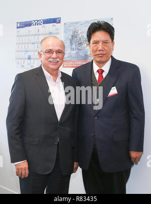 (181213) -- STRASBOURG, Dec. 13, 2018 (Xinhua) -- Losang Jamcan (R), director of the Standing Committee of China's Tibet Autonomous Regional People's Congress, meets with European Parliament Vice President Dimitrios Papadimoulis in Strasbourg, France, Dec. 11, 2018. A Tibetan delegation of the Chinese National People's Congress (NPC) visited the European Parliament in Strasbourg, France, on Tuesday. The delegation, led by Losang Jamcan, met with members of the European Parliament and responded to questions involving concerns on the EU side. (Xinhua/Ye Pingfan) (lmm) Stock Photo