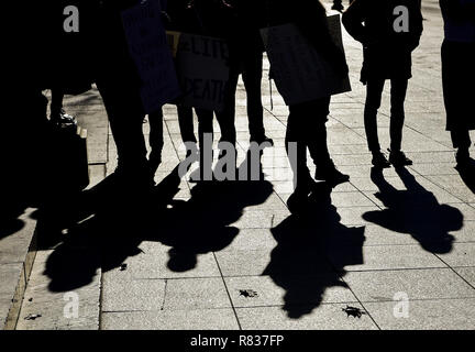 Columbus, Ohio, USA. 12th Dec, 2018. Silhouettes of protesters seen during the protest.Protesters marched to the Ohio State House in Columbus, Ohio to protest the controversial Heartbeat Bill or HB258, which bans abortion once a fetal heartbeat is detected. The bill would make it much more difficult for women to seek an abortion in the state of Ohio. The bill was passed by members of the Ohio Senate with a vote of 18-13. Credit: ZUMA Press, Inc./Alamy Live News Stock Photo