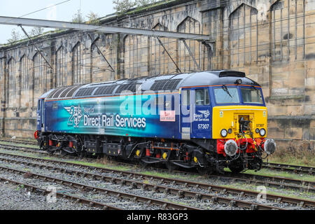 A British Rail Class 57 diesel electric locomotive stabled at Carlisle train station.The Class 57 is a rebuilt version of the Class 47