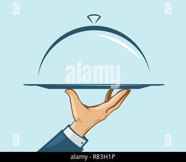 Waiter's hand is holding a tray, cloche. Menu, restaurant, service concept. Vector illustration Stock Vector