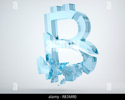 Glass bitcoin symbol with cracks on grey background. 3d render, 3d animation Stock Photo