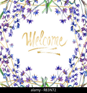Purple lavender. Floral botanical flower. Welcome handwriting monogram calligraphy. Watercolor background. Frame border ornament. Gold crystal stone p Stock Photo