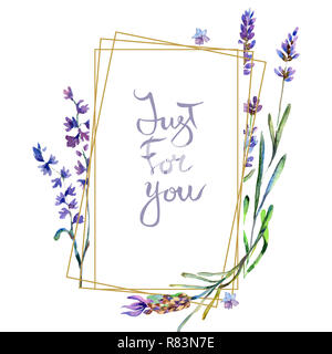 Purple lavender flowers. Just for you handwriting monogram calligraphy. Watercolor background. Frame border ornament. Gold crystal stone polyhedron mo Stock Photo