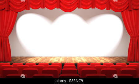 Empty theatre hall with stage, red curtain and seats, 3D rendering Stock Photo
