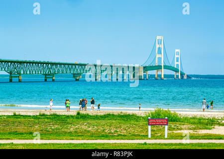 JULY 3, 2013, MACKINAW CITY, MI: Opened in 1957, the 5 mile-long Mackinac Bridge is the world's 20th-longest main span bridge. Stock Photo