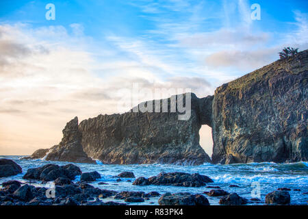 The Keyhole is a natural arch at the northern-most end of Second Beach, in La Push, Washington, and marks the end of the trail for hikers. Stock Photo