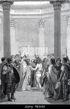 Digital improved reproduction, Baptism of Clovis, Clodowig,  466-511, the first king of the Franks to unite all of the Frankish tribes under one ruler, Taufe des Chlodwig I., ein frÃ¤nkischer KÃ¶nig bzw. rex aus der Dynastie der Merowinger, from an original print from the year 1855 Stock Photo