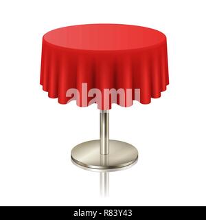 Round red clean table, restaurant round table with red tablecloth isolated Stock Vector