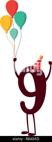cartoon number nine holding balloons over white background, vector illustration Stock Vector
