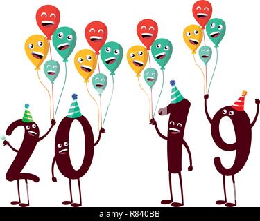 cartoon 2019 numbers and balloons over white background, colorful design, vector illustration Stock Vector