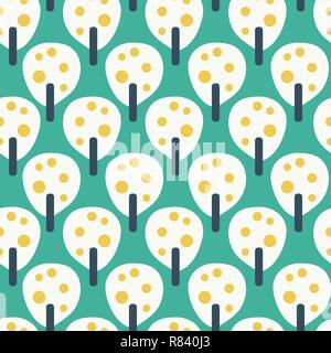 Retro fruit trees white teal yellow - vector seamless pattern. Vintage inspired simple background. Flat Scandinavian style. Geometric art, perfect for fabric, kids decor, wall paper, banner. Stock Vector