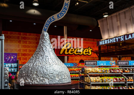 Hershey, PA, USA - December 11, 2018:  A large chocolate candy kiss is on display in Chocolate World. Stock Photo