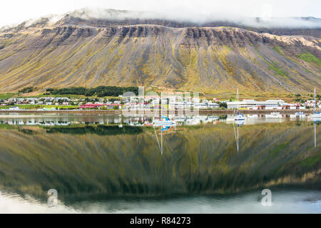 Fjord reflection on the water at Isafjordur in Iceland Stock Photo