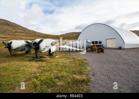 Old airplanes on west fjords, Iceland Stock Photo