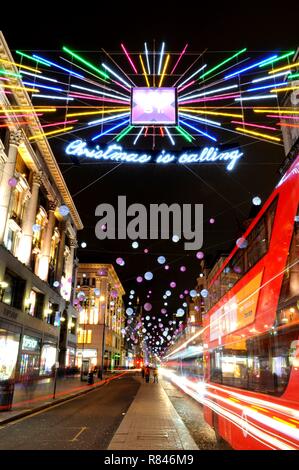 2018 Christmas lights along Oxford Street Toward Oxford Circus, Soho, London, UK. Stock Photo