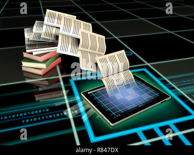 Book pages flying into a tablet computer. Digital illustration. Stock Photo