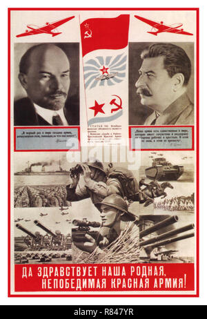 Vintage Soviet USSR Russian WW2 propaganda poster. 'Long live our Dear and Invincible Red Army!'  Poster produced 1939 at the beginning of World War II featuring Lenin and Stalin as brave leaders in the face of aggression Images portray soldiers, cavalry, tanks, ships, and aircraft  vigilant and battle-ready as Europe gears up for World War 2 Stock Photo