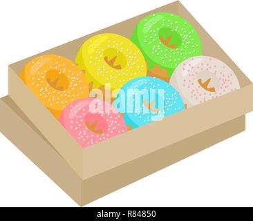 Colorful donuts cartoon set. Box with Doughnuts with pink, green, yellow, orange, chocolate, turquoise icing clipart vector illustration. Stock Vector