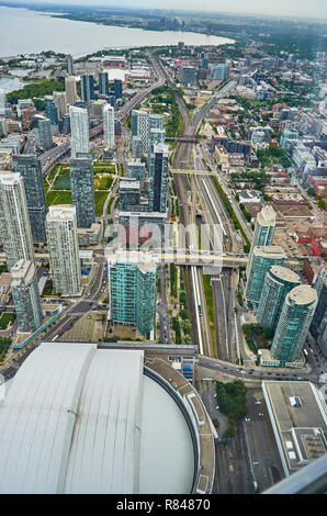 Breathtaking aerial view of Toronto downtown from the high altitude observation floor in CN Tower in Toronto, Canada. Stock Photo