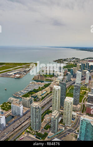 Breathtaking aerial view of Toronto downtown from the high altitude observation floor in CN Tower in Toronto, Canada. Stock Photo