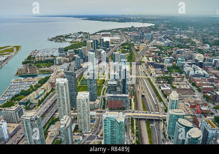 Breathtaking aerial view of Toronto downtown from the high altitude observation floor in CN Tower in Toronto, Canada. Stock Photo