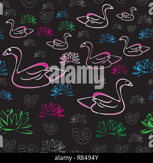 Water Lilly and Swan-Love Nature ,seamless repeat pattern Stock Vector