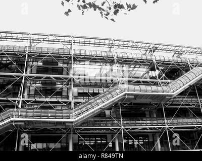 Close-up of the west façade of the Pompidou Centre, Beaubourg, Paris, France, showing the external walkways, escalator and services.  Black and white version Stock Photo