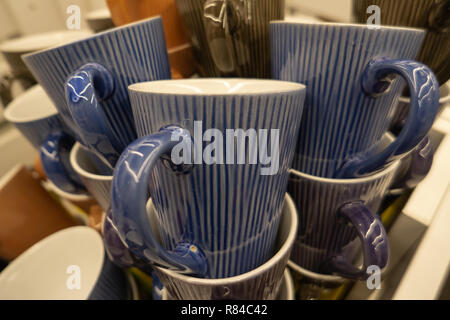 Bright Empty Bowls, Cups And Kitchen Utensils Isolated On White