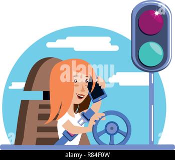 woman driving cart using smartphone with traffic light vector illustration design Stock Vector