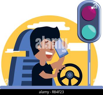 man driving cart using smartphone with traffic light vector illustration design Stock Vector