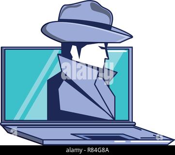 Laptop computer with warning sign about spying with webcam by a hacker ...