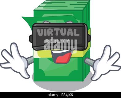 Virtual reality stacks money dollar on bank character Stock Vector