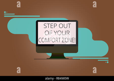 Writing note showing Step Out Of Your Comfort Zone. Business photo showcasing Do different things leave the routine Mounted Computer Monitor Blank Ref Stock Photo