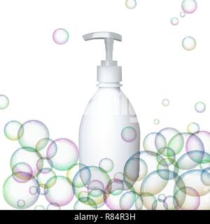 Plastic bottle with dispenser. Vector illustration. Soap container. Foam. Stock Vector