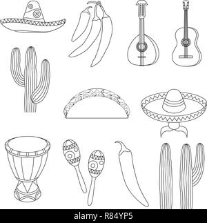 Line art black and white 12 mexican elements. Stock Vector