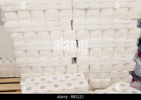 Transparent empty plastic wrap with toilet paper in a supermarket Stock Photo