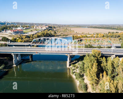 Aerial view of Peacekeepers bridge over Dniester river in Bendery (Bender), in unrecognised Trans-Dniester (Moldova). Key point in Battle for Bendery. Stock Photo