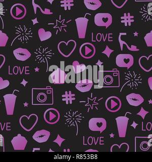 Vector Party night abstract seamless pattern. Holidays abstract surface design with purple icons on dark background. Stock Vector