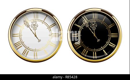 Vintage luxury golden wall clock with roman numbers isolated on white background. Realistic black and white round clock-face dial. Glossy gold frame Stock Vector