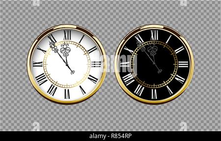 Vintage luxury golden wall clock with roman numbers isolated on transparent background. Realistic black and white round clock-face dial. Glossy gold Stock Vector