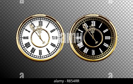 Vintage luxury golden wall clock with roman numbers isolated on transparent background. Realistic black and white round clock-face dial. Glossy gold Stock Vector